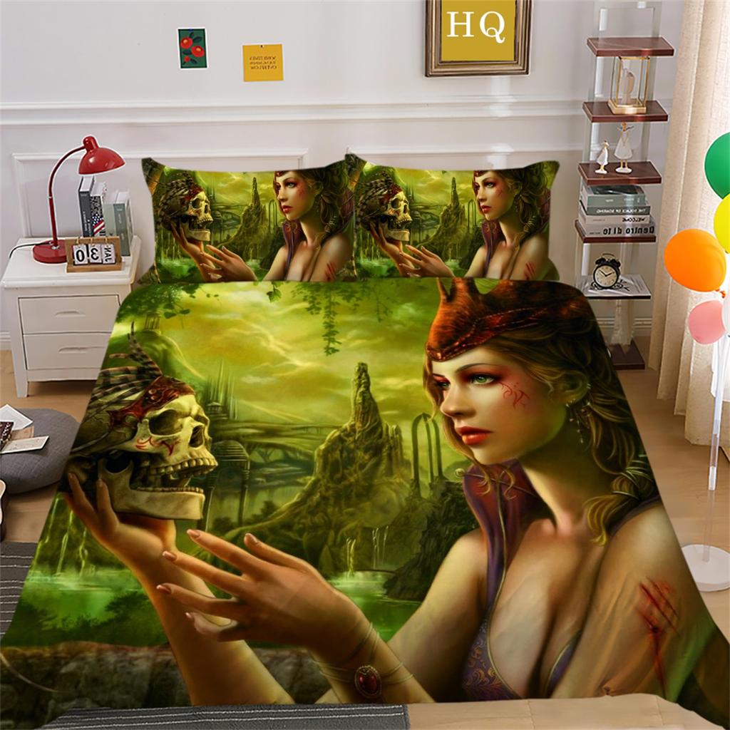 3D Horror Patterned Printed Bedding Set with Skull Head Pattern Down Duvet and Pillowcase 2/3 Pieces Halloween Festive Atmosphere Home Decoration