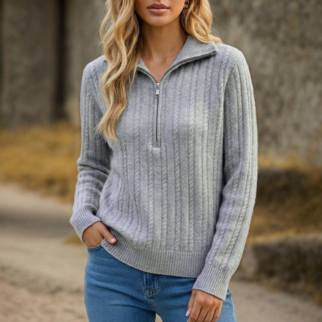 Women S Solid Color Twisted Knit Half Zip Collared Pullover Sweater