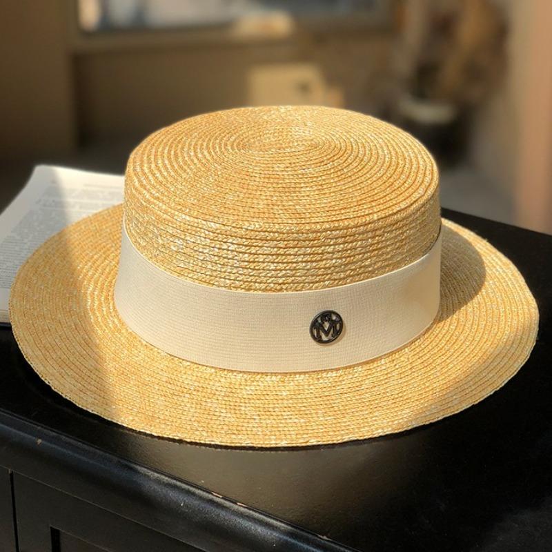 My Extreme Outdoor Activities Women's Orange Flat Top Wheat Straw Sun Hat For Summer British Sunshade Straw Hat High Quality Wide-Brim Sunscreen Vacation Top Panama 56-58Cm