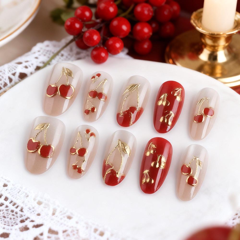 Red Cherry & Gold Leaf Cat Eye Short Oval Press-On Nails - New Year Luxury Collection, 30-Piece Set