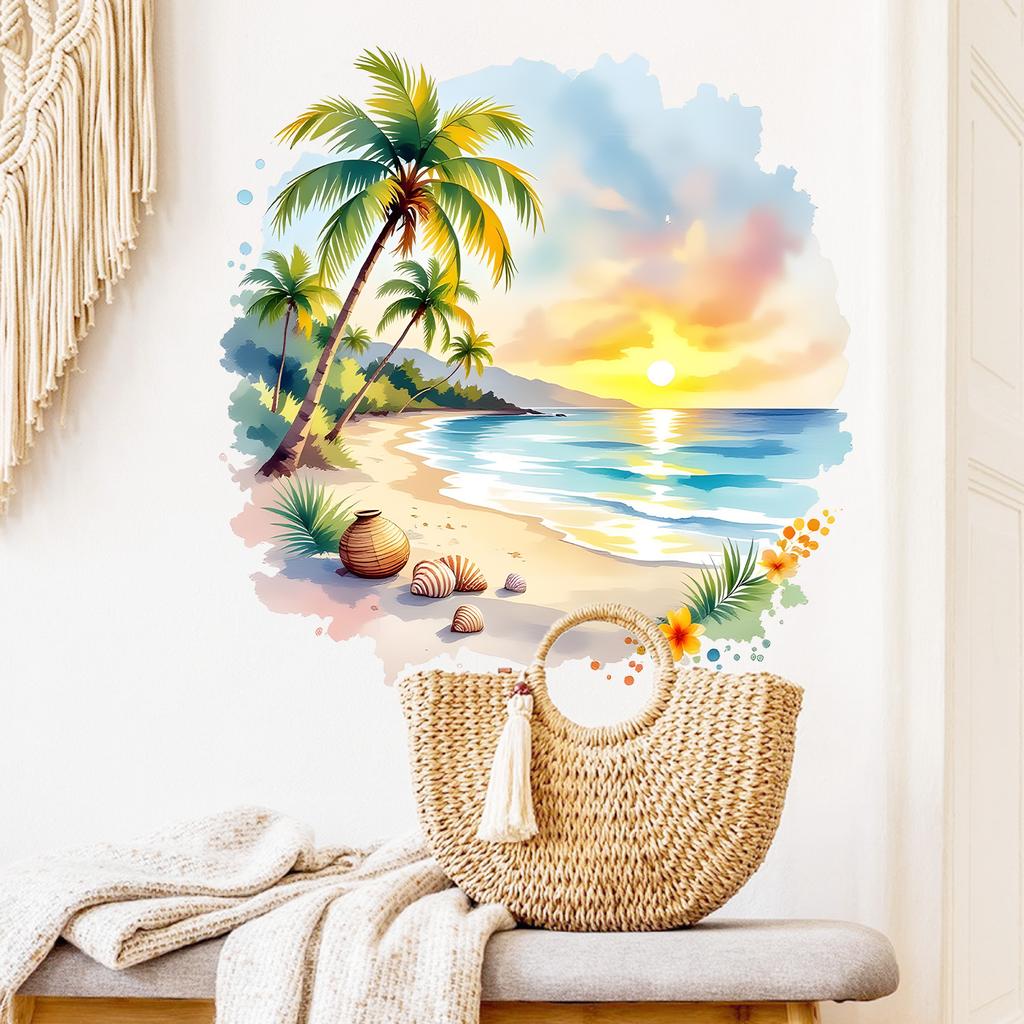 Romantic Tropical Beach Palm Tree Wall Sticker Self-Adhesive Removable Living Room Bedroom Summer Fresh Home Decor Art