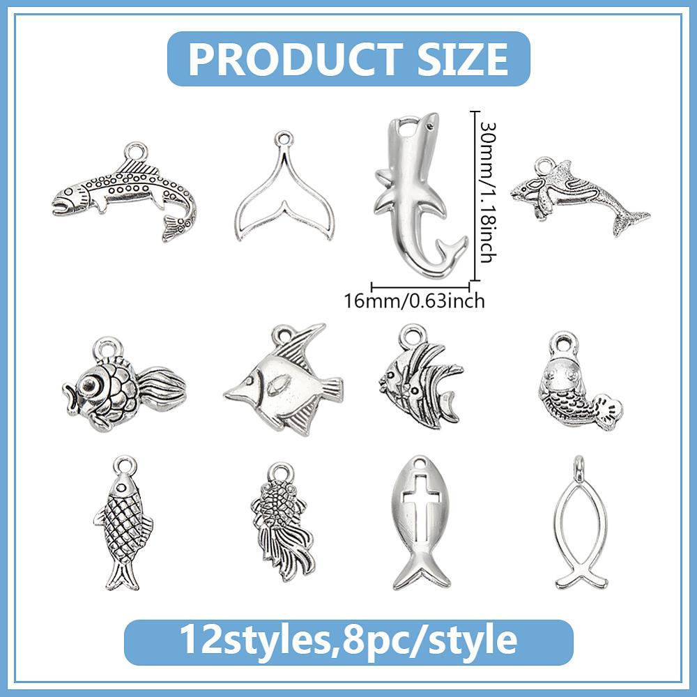 96Pcs 12 Styles Tibetan Style Zinc Alloy Pendants Fish Charms Antique Silver 12~30x8~24.5x1~4mm Hole: 1.4~4mm 8pcs/style