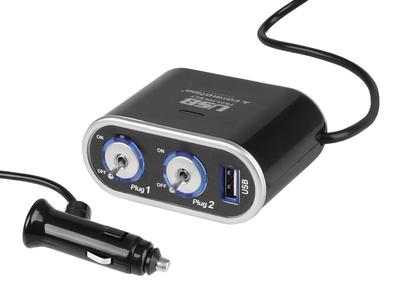 Dvojitý rozbočovač zapaľovača 12/24V s vypínačmi, USB 1000 mA