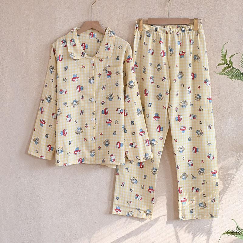 Womens Cotton Pajama Set Cartoon Long Sleeve Pants Loungewear