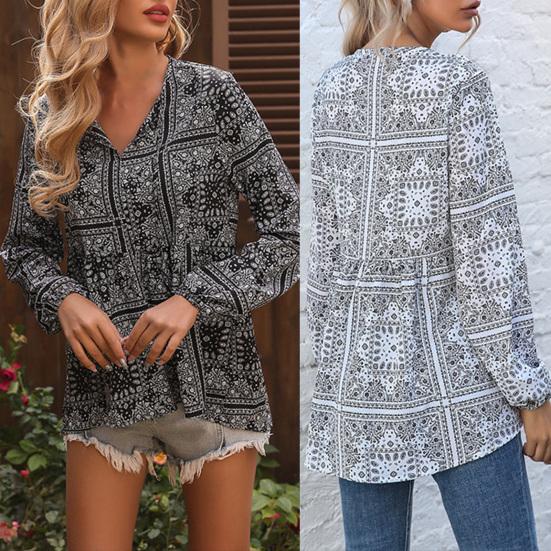 

Свободная рубашка, пуловер, асимметричный подол, длинный рукав, завязка на шее и принт для женщин