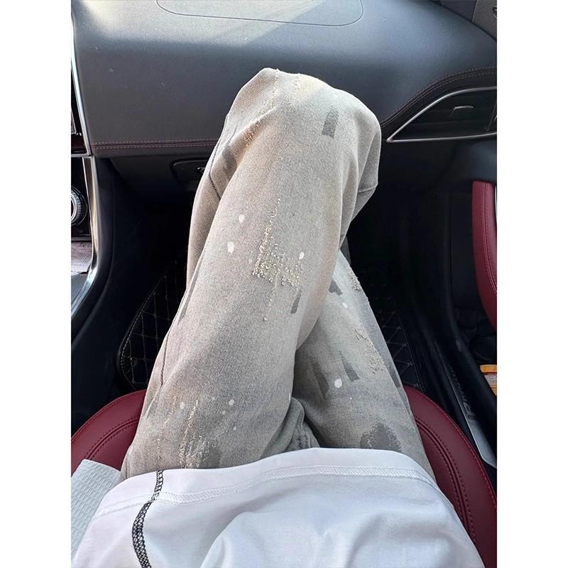 splash ink tie-dye cat claw mark jeans men's American retro vintage pants autumn new straight trousers