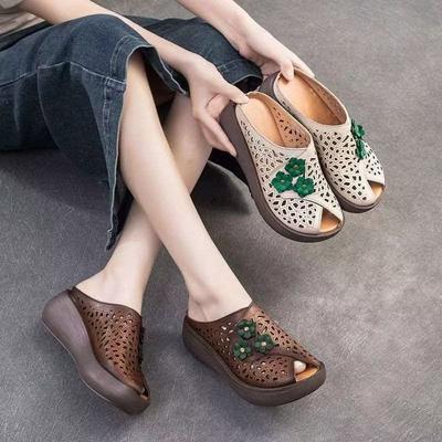 Foreign Trade Summer Thick-soled Slope Heel Mother Fish Mouth Women's Sandals Genuine Leather Retro Outer Wear Ethnic Style Open-toed Cool Slippers