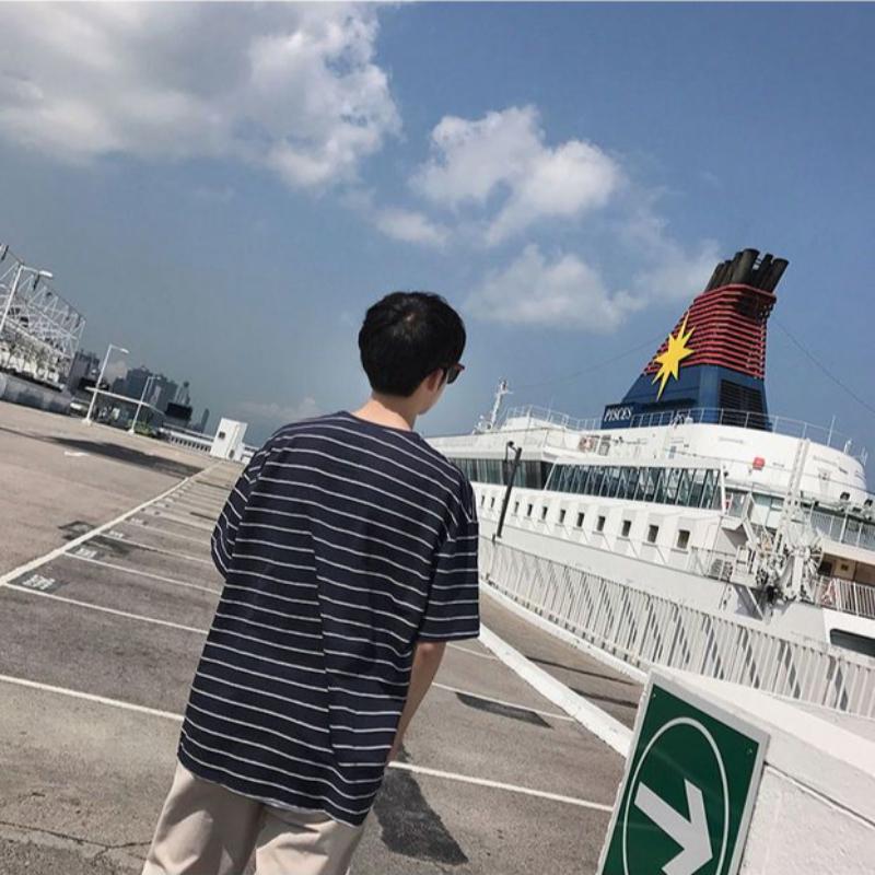 WTEMPO Brand Summer Men's Striped Short Sleeve Top Loose and Simple Fashion Short Sleeve T-shirt Youth Trend Round Neck Pullover Tops