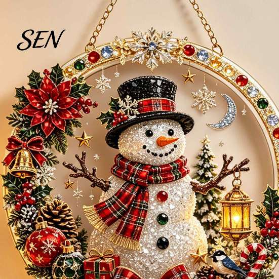 Christmas Snowman Gift Ideas Xmas Hanging Ornament, Round Acrylic Santa Reindeer Seasonal Winter Room Decor Door Sign for Festive Window Wall Parties