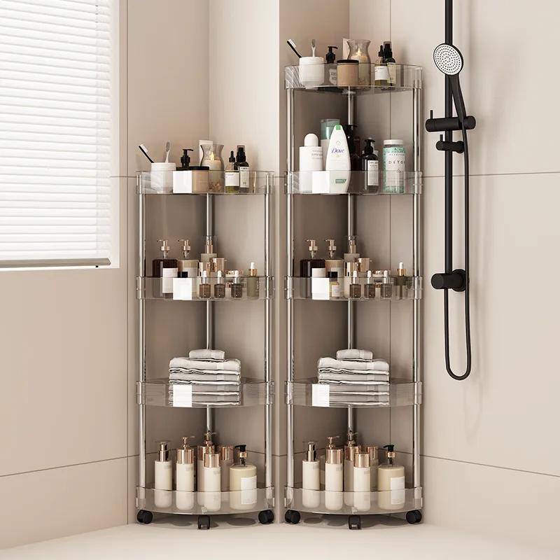 Stainless steel Rack Multi-Layer Transparent Bathroom Shelf Storage Trolley Easy-Move Corner Space-Saving for Bathroom