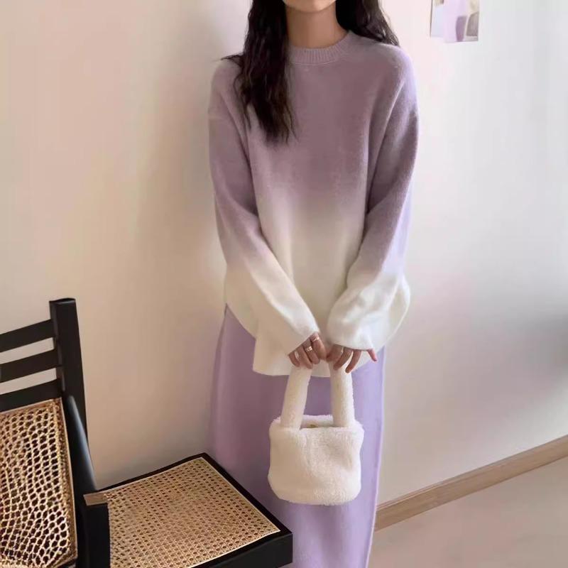 Autumn and winter loose lazy wind pullover round neck gradual change color temperament casual pullover knitting outerwear sweater