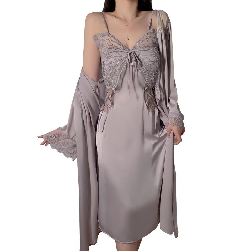 Silky Satin Lace Pajama Set with Chest Pad and Outer Robe - P4105