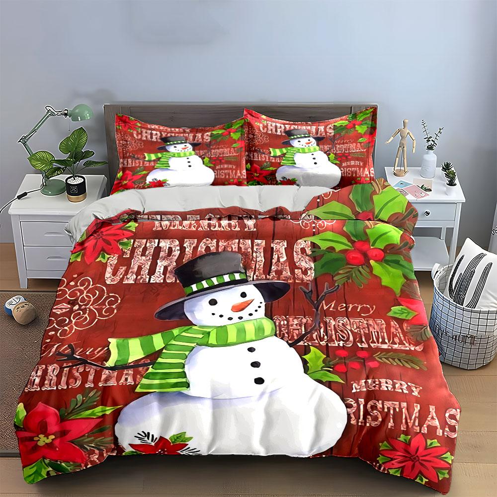Snowman and Christmas Flowers Bedding Duvet Cover Set Duvet Cover Pillowcases (1*Duvet Cover 2*Pillowcases, Without Duvet Insert)