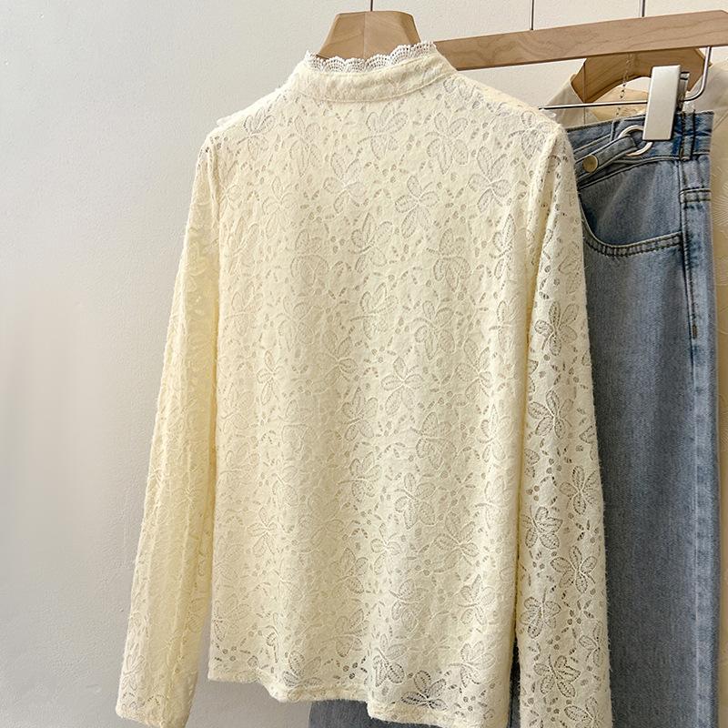 Small Stand-up Collar Lace Base Shirt for Women Long Sleeves New Autumn and Winter Ruffle Crochet Top