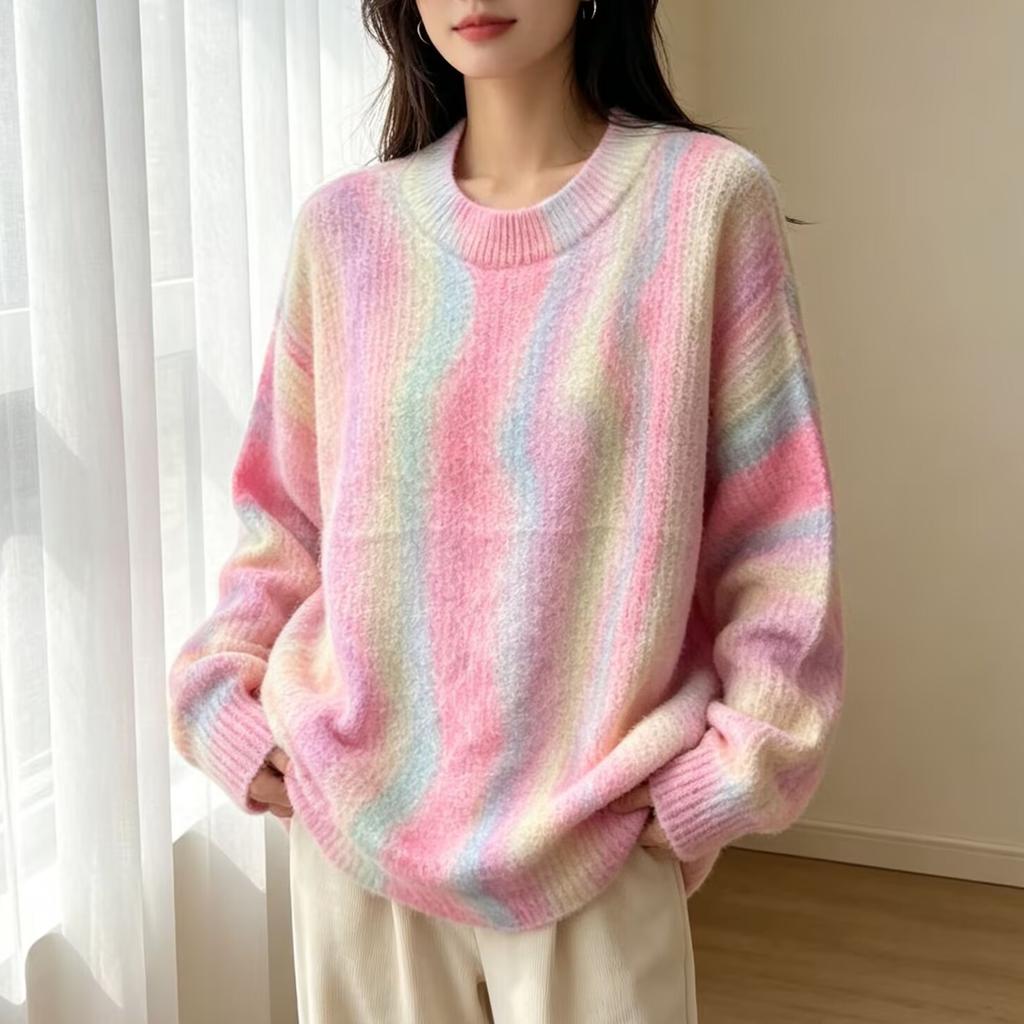 2026 Autumn Women Colorful Sweaters Knitting Basic Fashion O-Neck Style Loose Pullover Sweater
