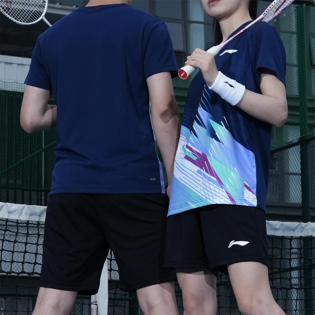 Li Ning Badminton Series Lightweight Comfortable Short Sleeve Simple Solid Color Shorts Casual Sports Suit Two Piece Set Unisex Sportswear AATU057-1