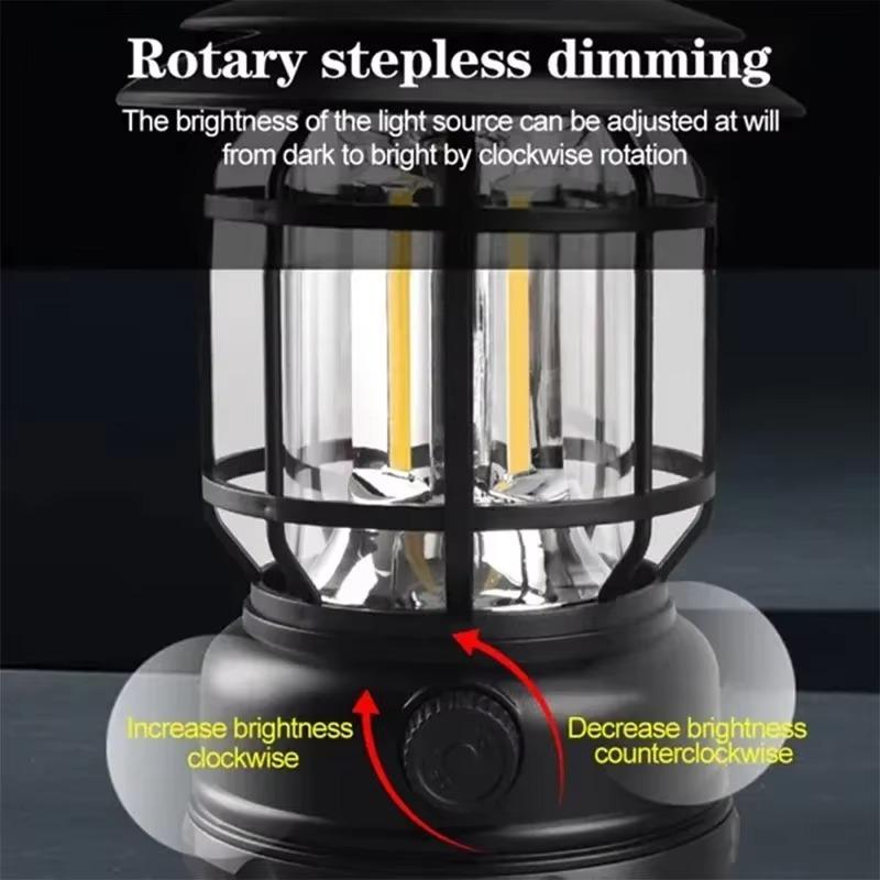 Rechargeable Camping Lantern Stepless Dimming COB Portable Waterproof for Hiking Fishing Emergency Home Power Outages Indoor Out