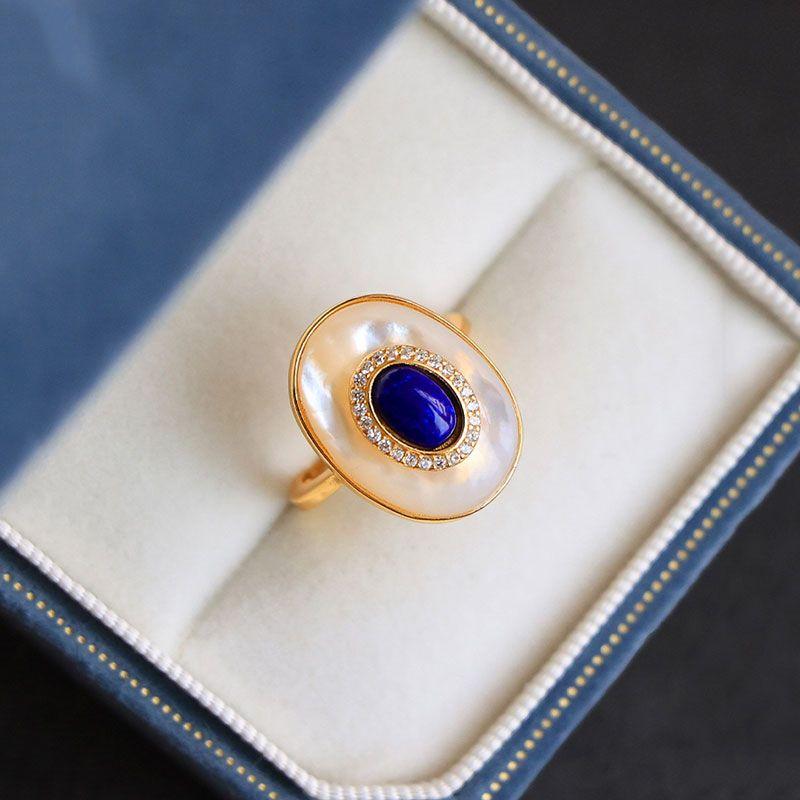 Vintage lapis lazuli engagement ring adjustable white fritillaria oval rings for women high-end classic Light luxury jewelry