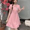 Sweet college style splicing button lapel dress women's small summer waist A word short skirt