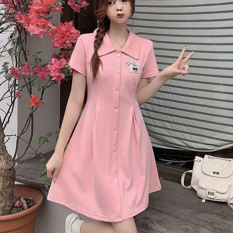 Sweet college style splicing button lapel dress women's small summer waist A word short skirt