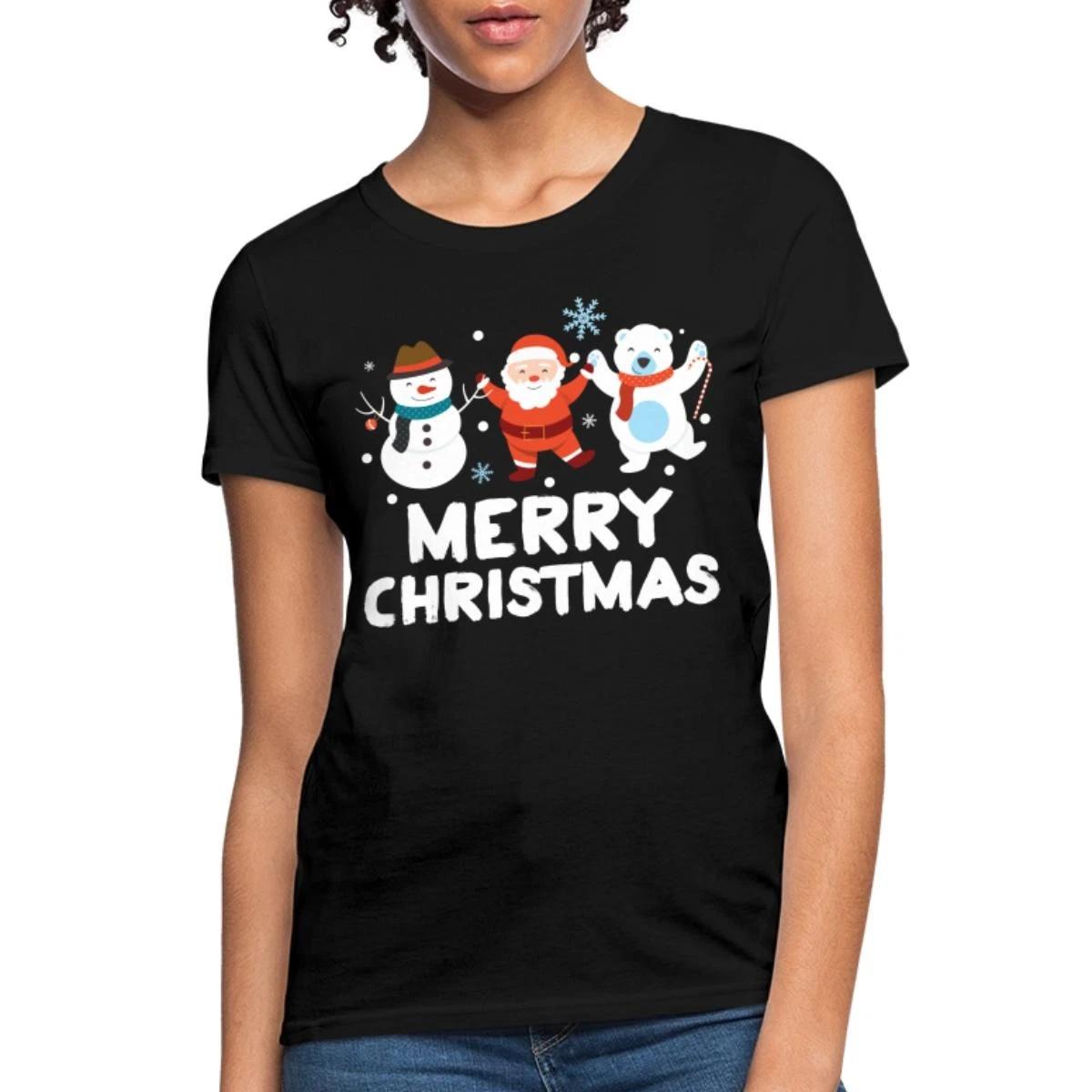 Merry Christmas Cute Snowman And Santa Claus Women s T-Shirt XS