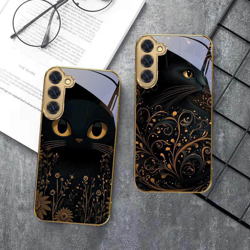 Fantastic Black Cat For Samsung Galaxy S20 FE S21 S22 S23 Plus S24 Ultra S25Ultra S21+ S9+ S22Plus Golden Glass Phone Case