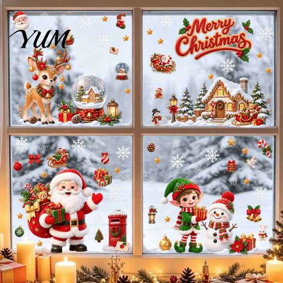 Outdoor Festive Glass Decorations Christmas Window Cling, PVC Waterproof Santa Claus/ Elf Snowman/Elk/House Stickers, Reusable Seasonal Home Ornaments