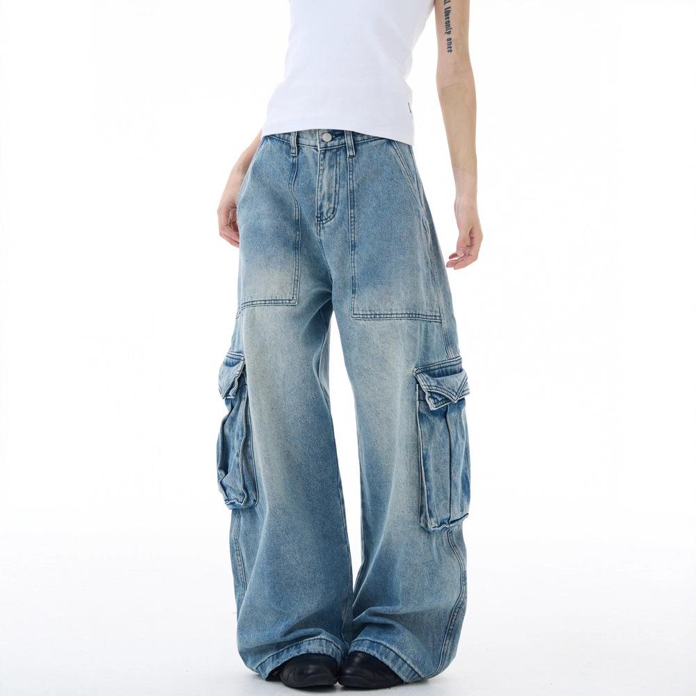 American retro light-color scimitar tooling jeans men's and women's loose, lazy and relaxed casual couple pants