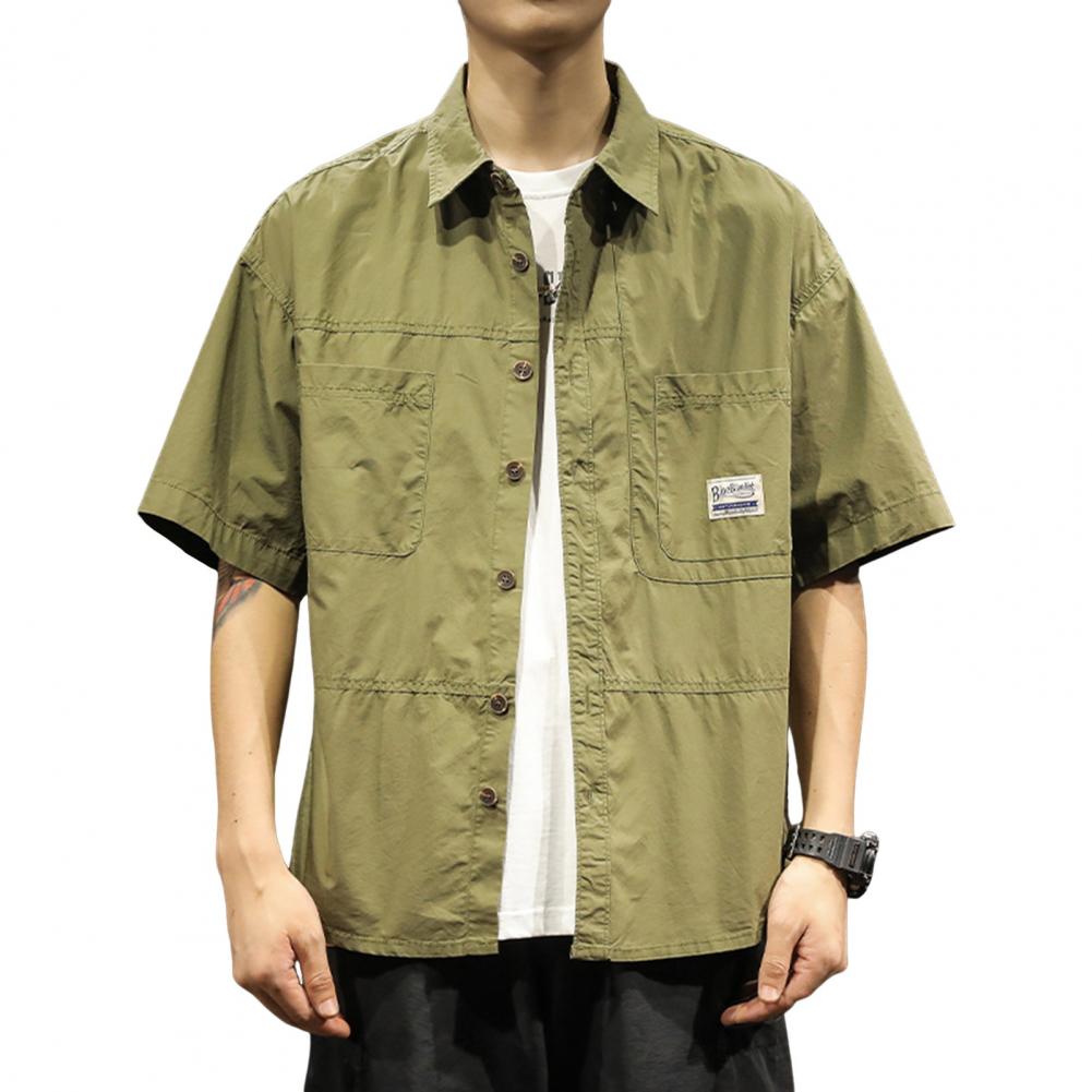 Spring Men Cargo Shirt Turn-down Collar Single-breasted Loose Mid Length Solid Color Chest Pocket Breathable Soft Short Sleeves