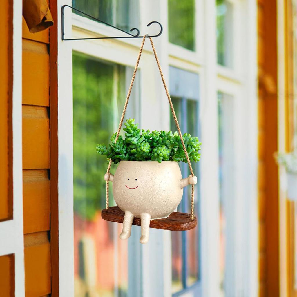 Hanging Resin Planter Pot Exquisite Lovely Unique Swing Face Flower Plant Pot with Rope Decoration for Garden Patio Balcony