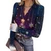 Damenmode Lässig Weihnachts-Print V-Ausschnitt Langarm Knopfleiste Oberteil