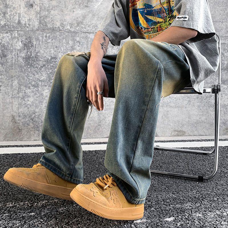 Men's Jeans Summer American Retro High Street Vibe Hole Pants Loose Design Sense Niche Wide-leg Pants