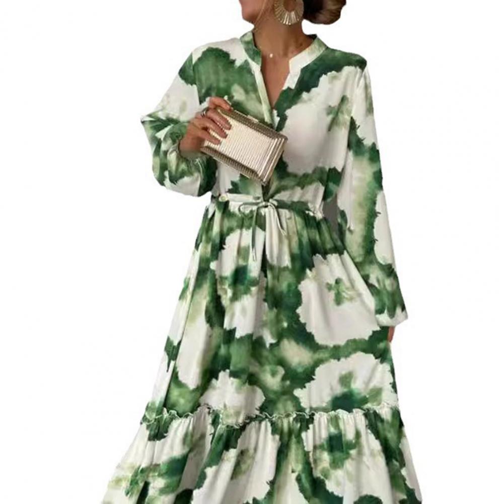 Šaty do áčka s výstřihem do V Elegantní maxi šaty s výstřihem do V a zvonovými rukávy Umělecký potisk pro maturitní plesy koktejlové večírky Dámské šaty