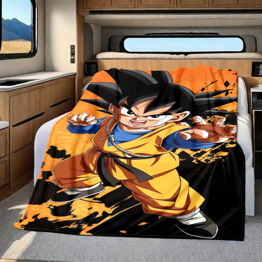 1 szt. Koc flanelowy z nadrukiem Son Goku, Wysokiej jakości, Na wszystkie pory roku, Wystrój domu, Ciepło i komfort, Idealny na prezenty świąteczne
