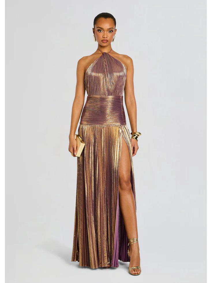 European and American Women's Metallic Pleated Slit Halter Dress Sleeveless Backless Lace-Up 8155