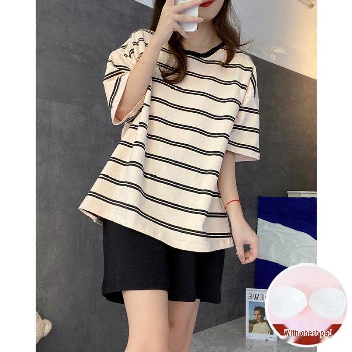 2023 Women's Summer Striped Short Sleeve Set with Chest Pad (Shorts and Long Pants)