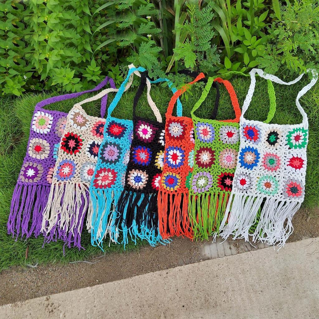Crocheted Shoulder Tassel Bohemian Ethnic Style Tote for Beach Travel