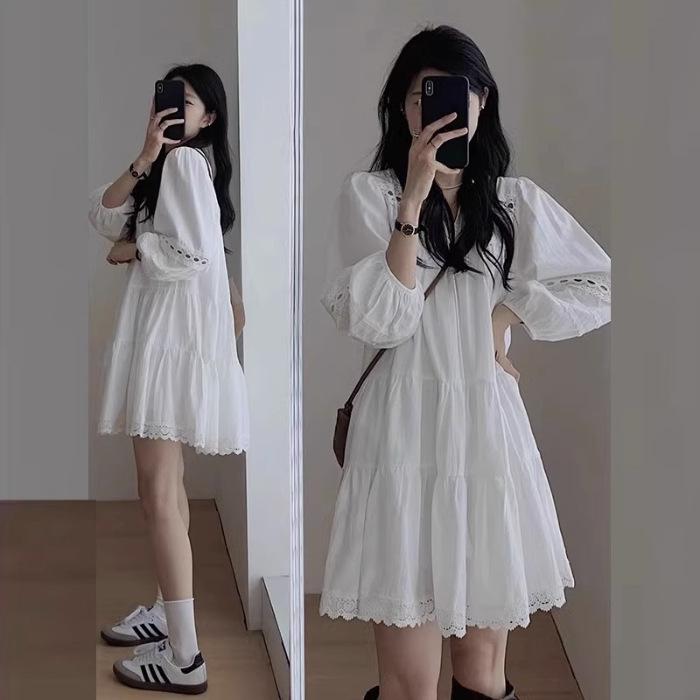 Women's White Puff Sleeve Shirt Dress - Spring/Summer 2024 Yunnan Travel Outfit