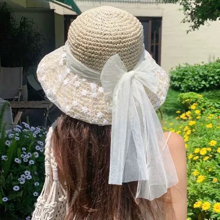 Mori seaside travel lace daisy floral straw hat summer women's gentle mesh breathable sunscreen big brim sun hat