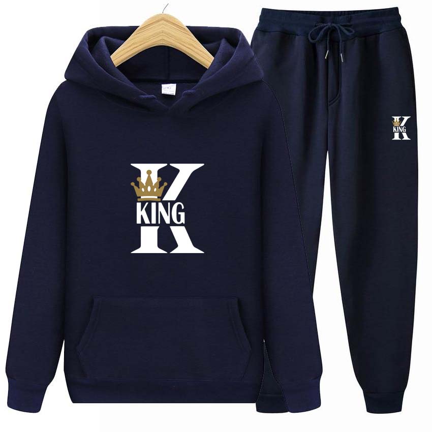 Herr Dam Huvtröjor King Tryck Träningsset Joggingbyxor Tjocka Varma Kläder Herr Höst Vinter Huvtröja Sportkläder Jogging