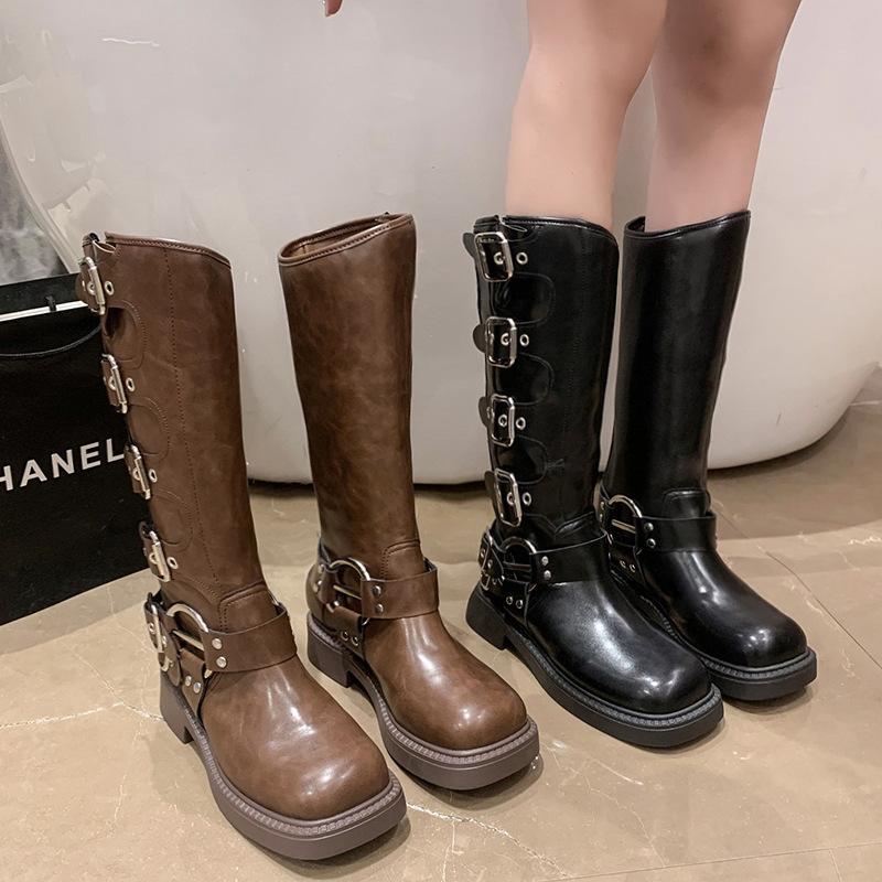 Fashion Platform Combat Boots Zip Chuny Heel Buckle Vintage Fashion Casual Luxury Designer Western Mid Calf Boots Shoes Woman