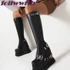 Fashion Metal Belt buckle zipper Solid Black height increasing Ladies New Boots round Toemid calf winter UniqueShoes