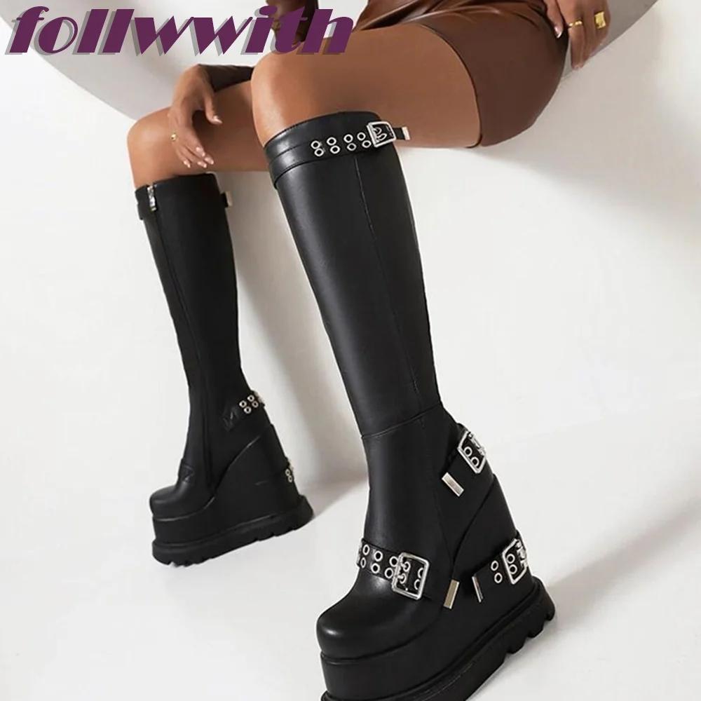 Fashion Metal Belt buckle zipper Solid Black height increasing Ladies New Boots round Toemid calf winter UniqueShoes