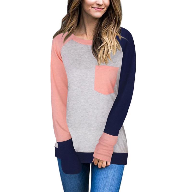 Stylish Casual Womens Long Sleeve Pocket Tshirt With Stitched Color Details