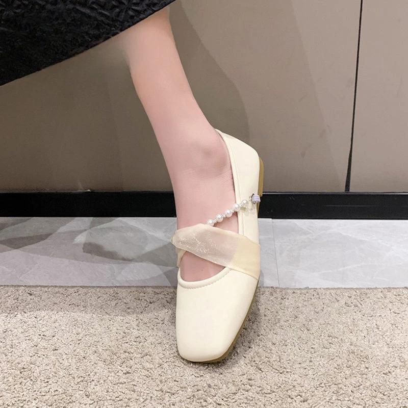 Fashion Square Toe Pink Pearl Ladies Footwear Comfortable and Elegant Stylish On Promotion Low Price Casual 39 Sale Women's Flat Shoes