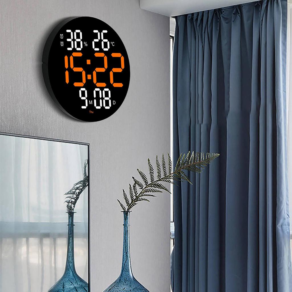 Multifunctional Wall Clock Round Remote Control Time Week Date Temperature Humidity Display for Home Dining Room