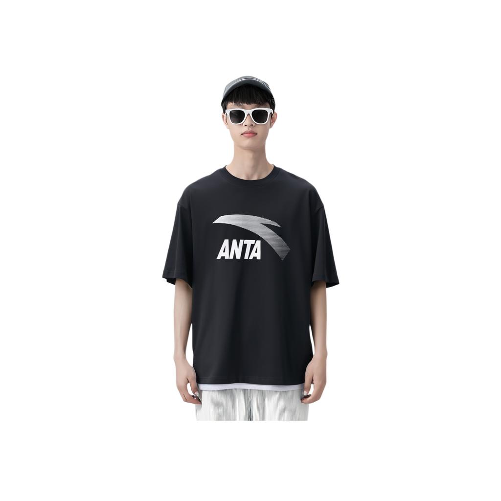 Anta Knitted Pullover Comfortable Casual Round Neck Short Sleeve T-Shirt Men Tops Basic-Black Silver 952428112-5
