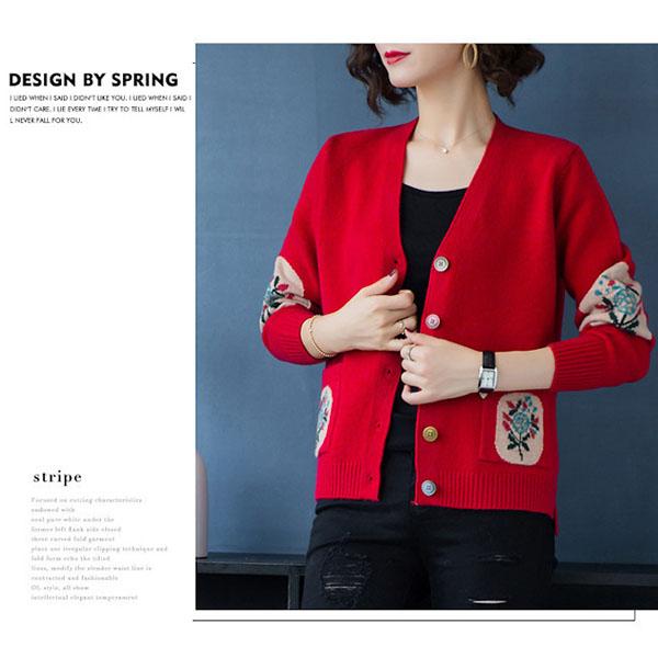 Spring Autumn Women's Knitted Cardigan Sweater Short Loose Thin V-Neck Knit Sweater Long Sleeve Printed Knitted Jacket Outwear