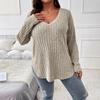 Autumn  Winter New Solid Color Large Size Women's Tops V-neck Long-sleeved Pit Strip Brushed T-shirt Loose Pullover