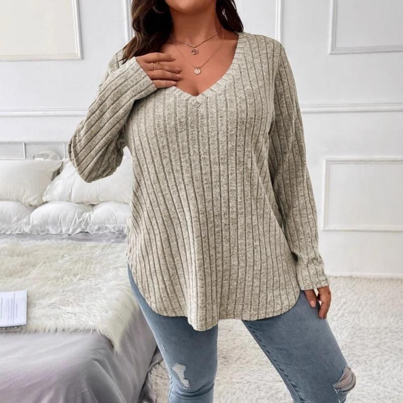 Autumn Winter New Solid Color Large Size Women's Tops V-neck Long-sleeved Pit Strip Brushed T-shirt Loose Pullover